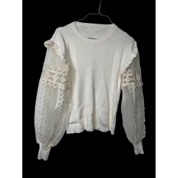Aaeda Cream Ivory Sweater with Lace Long Sleeves Size Large - Picture 2 of 4
